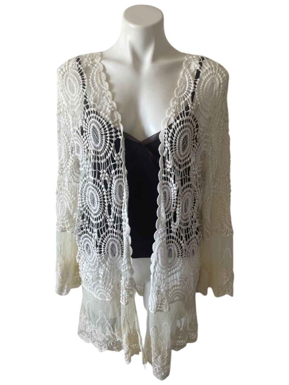 POL Lace Crochet Open Front Cardigan Cream Layering Bell Sleeve Boho Festival